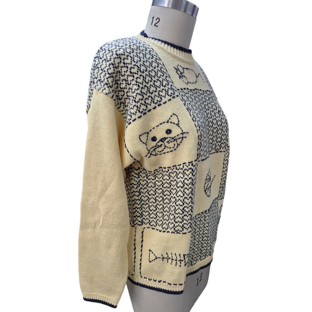 Vtg Cat Lady sweater Christopher & Banks Cotton Yellow Navy Blue Heart/Cats Sz L - Picture 2 of 4